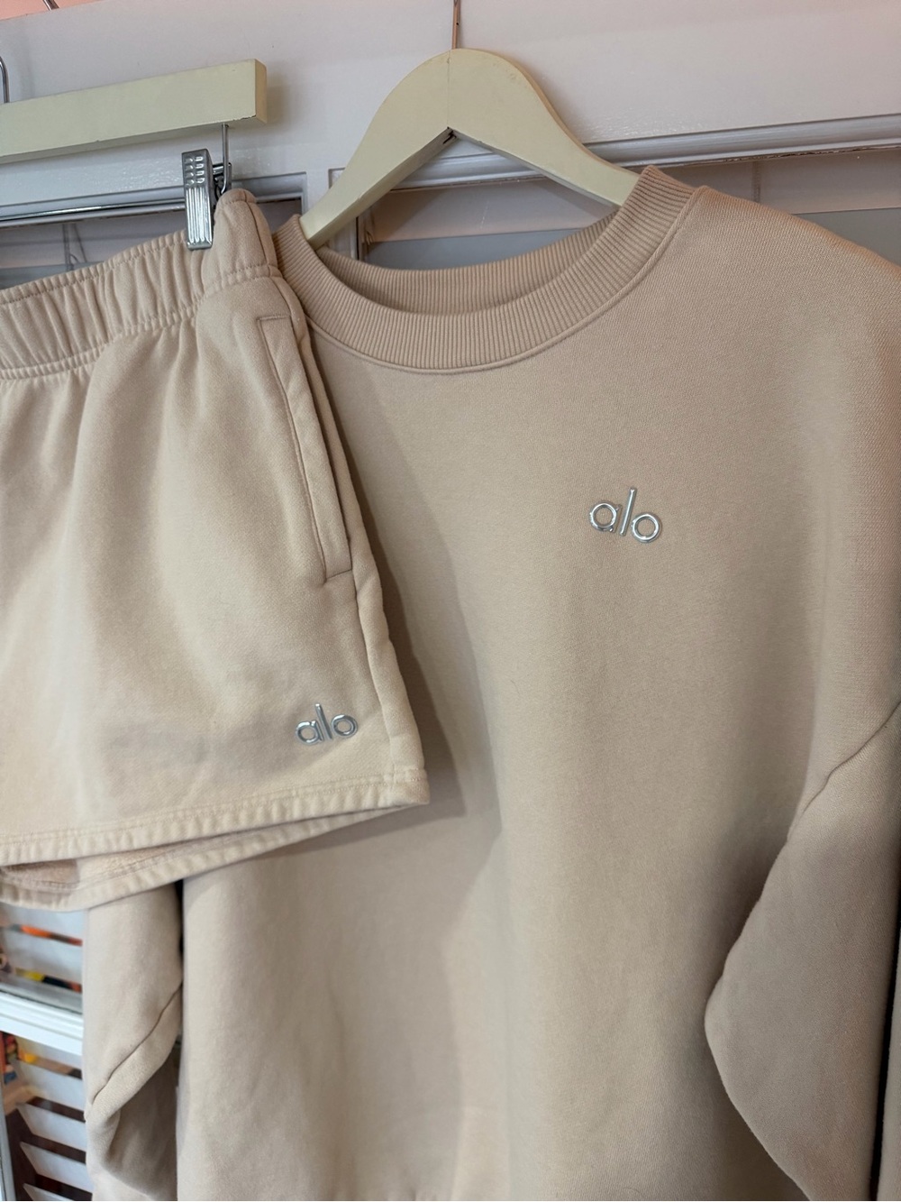 Alo Accolade Crewneck Sweatshirt and Shorts in Tan - Picture 3 of 4